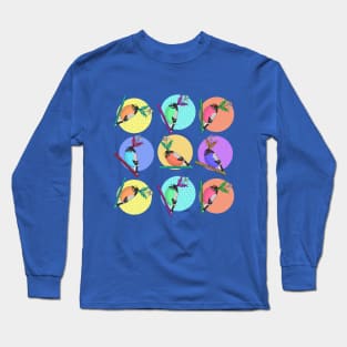 Birds of a feather flock together illustration with colorful pattern of woodland birds in silly daisy hats Long Sleeve T-Shirt